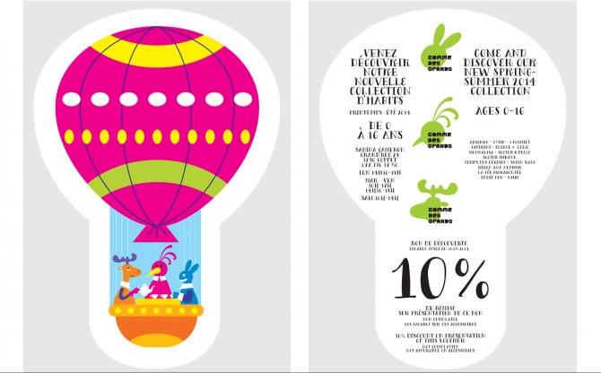 Comme des Grands|Flyer cartonné et découpé en forme de montgolfière